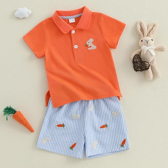 NIP Orange Polo Shirt and Striped Bunny Carrot Shorts Set Size 12-18m - Picture 2 of 4
